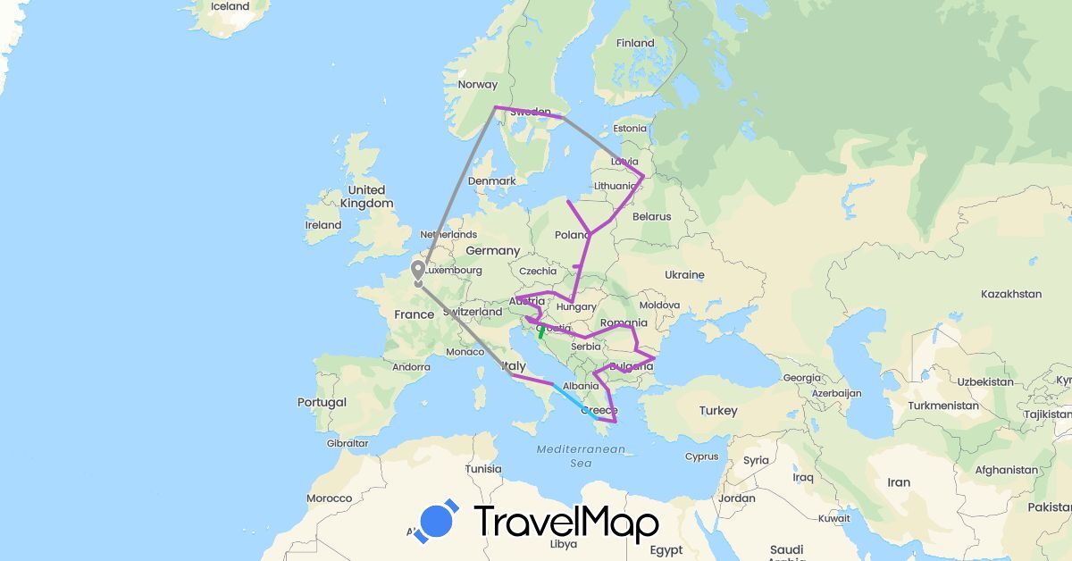 TravelMap itinerary: bus, plane, train, boat in Austria, Bulgaria, France, Greece, Croatia, Hungary, Italy, Lithuania, Latvia, Macedonia, Norway, Poland, Romania, Serbia, Sweden, Slovenia, Slovakia (Europe)